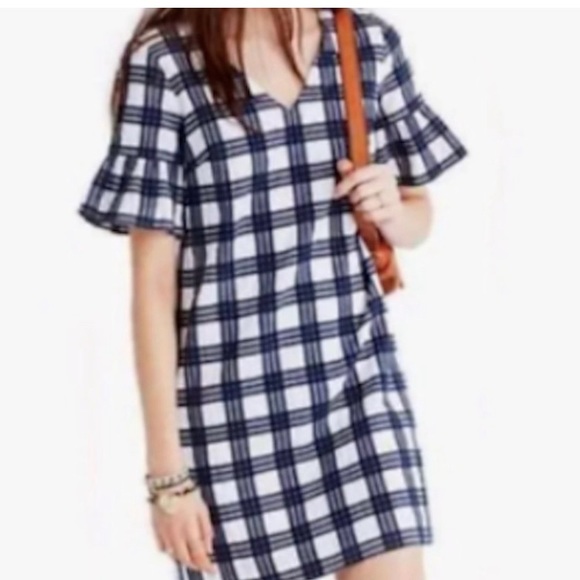 Madewell Dress.Sz 2 shift mini Leighton Navy Blue plaid dress ruffle sleeve - Picture 1 of 8